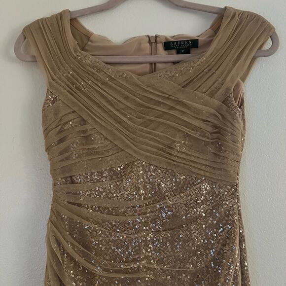 Lauren Ralph Lauren Evening Gold Sequin Mesh Shoulders Mini Dress - Picture 3 of 10